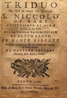 Marche, Puglia: San Nicola Di Bari, Monte Giberto. Rara Antica Edizione Taccari, 1786