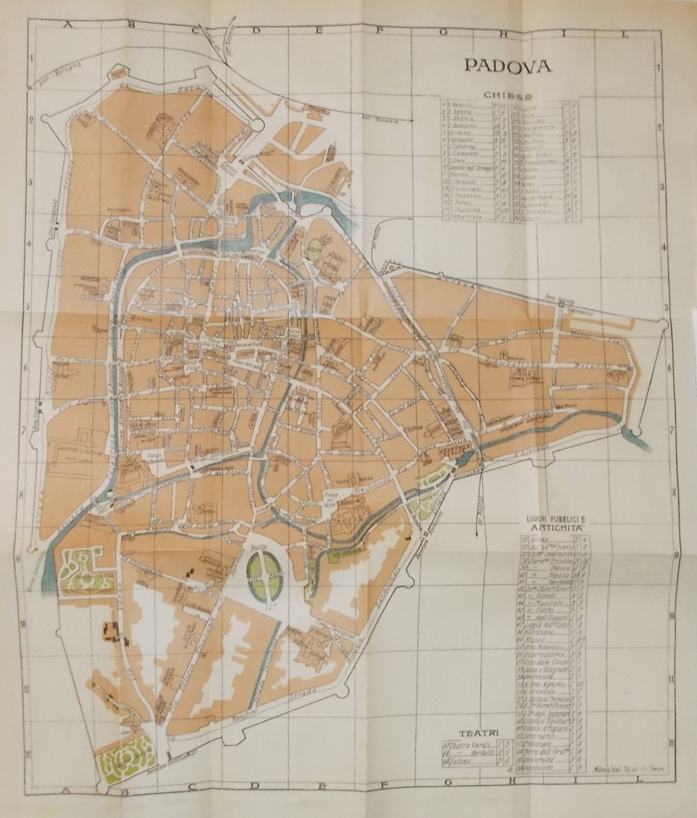 Veneto, Padova: Antica Cartografia, Mappa Topografica, Viabilità, Teatri, Scuole, 1904