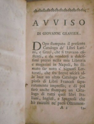 Bibliografia, Bibliofilia E Cataloghi Di Libri Antichi: Jean Gravier, Napoli 1768