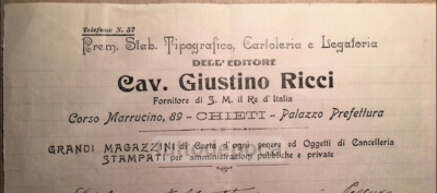 Abruzzo, Chieti: Cartoleria, Tipografia E Legatoria Giustino Ricci   Carta Intestata Pubblicitaria