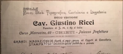 Abruzzo, Chieti: Cartoleria, Tipografia e Legatoria Giustino Ricci Carta Intestata Pubblicitaria