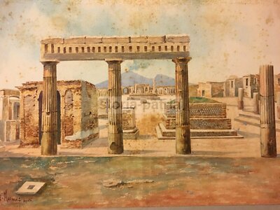 Pompei, Antiche Rovine E Vesuvio: Veduta Panoramica Firmata
