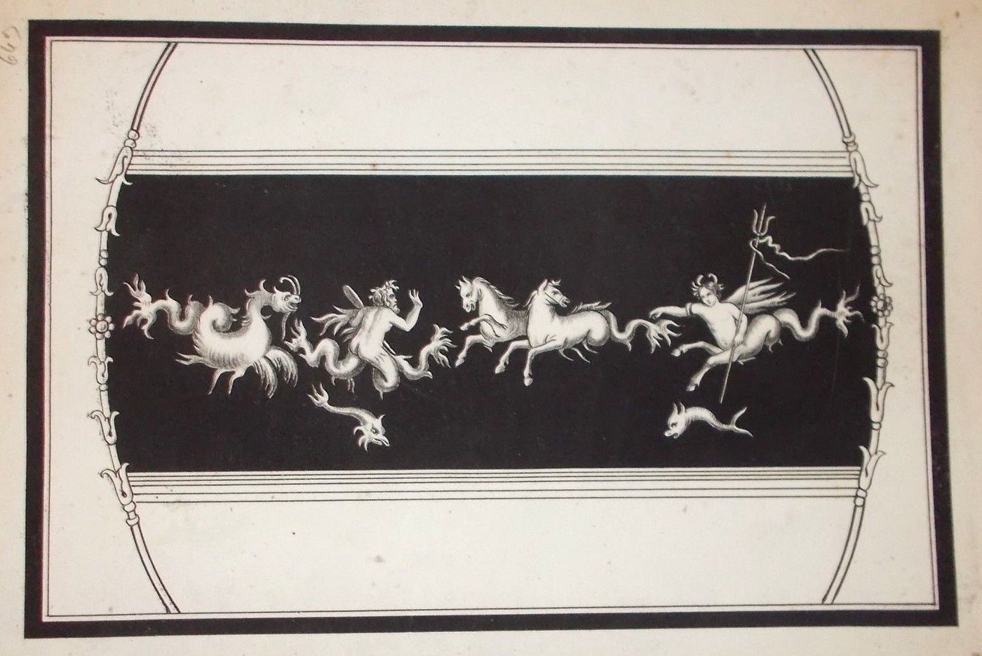 Arte Napoli, Pompei: Allegoria Pompeiana Con Animali Fantastici E Cavalli, Antica Litografia