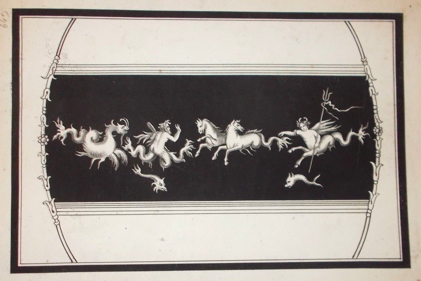 Arte Napoli, Pompei: Allegoria Pompeiana Con Animali Fantastici E Cavalli, Antica Litografia