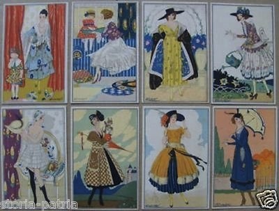 Mauzan: Figurini Di Moda E Costumi. Serie Di Otto Cartoline d'Epoca Originali