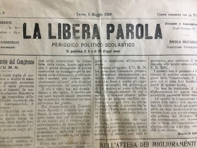 Puglia, Salento, Lecce: Pedagogy and School. La Libera Parola, Antique Newspaper. Sbavaglia