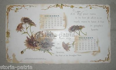 Botanica, Fiori, Antico Foglio Da Calendario, Novembre E Dicembre, 1898