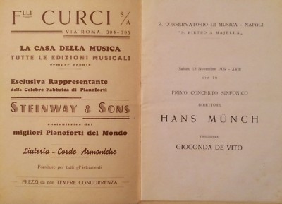 Napoli, Musica, Concerti Sinfonici: Hans Munch, Violinista Gioconda De Vito, 1939