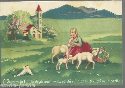 Inusuale Cartolina d'Epoca: Paesaggio Con Chiesa E Pastorella, Devozionale E Animata
