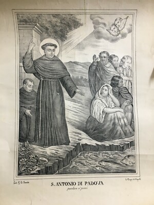 Stampa Popolare Devozionale: S. Antonio Di Padova Predica Ai Pesci, Napoli