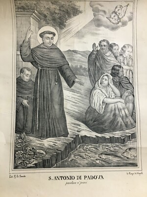 Stampa Popolare Devozionale: S. Antonio Di Padova Predica Ai Pesci, Napoli
