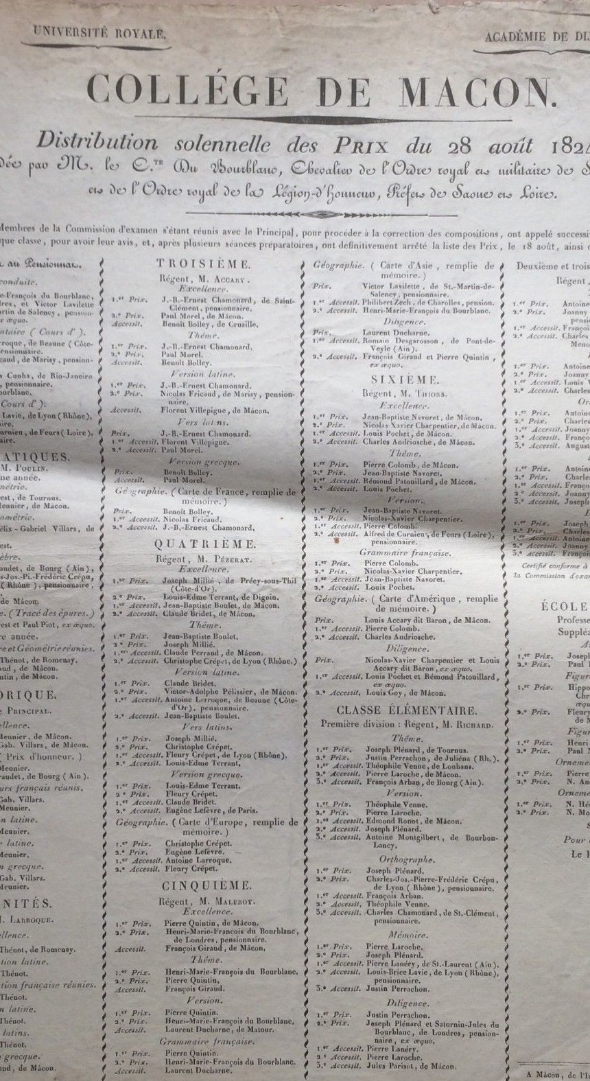 Didattica Scuola Allievi Premiati: Francia, Digione, 1824. Raro Antico Manifesto