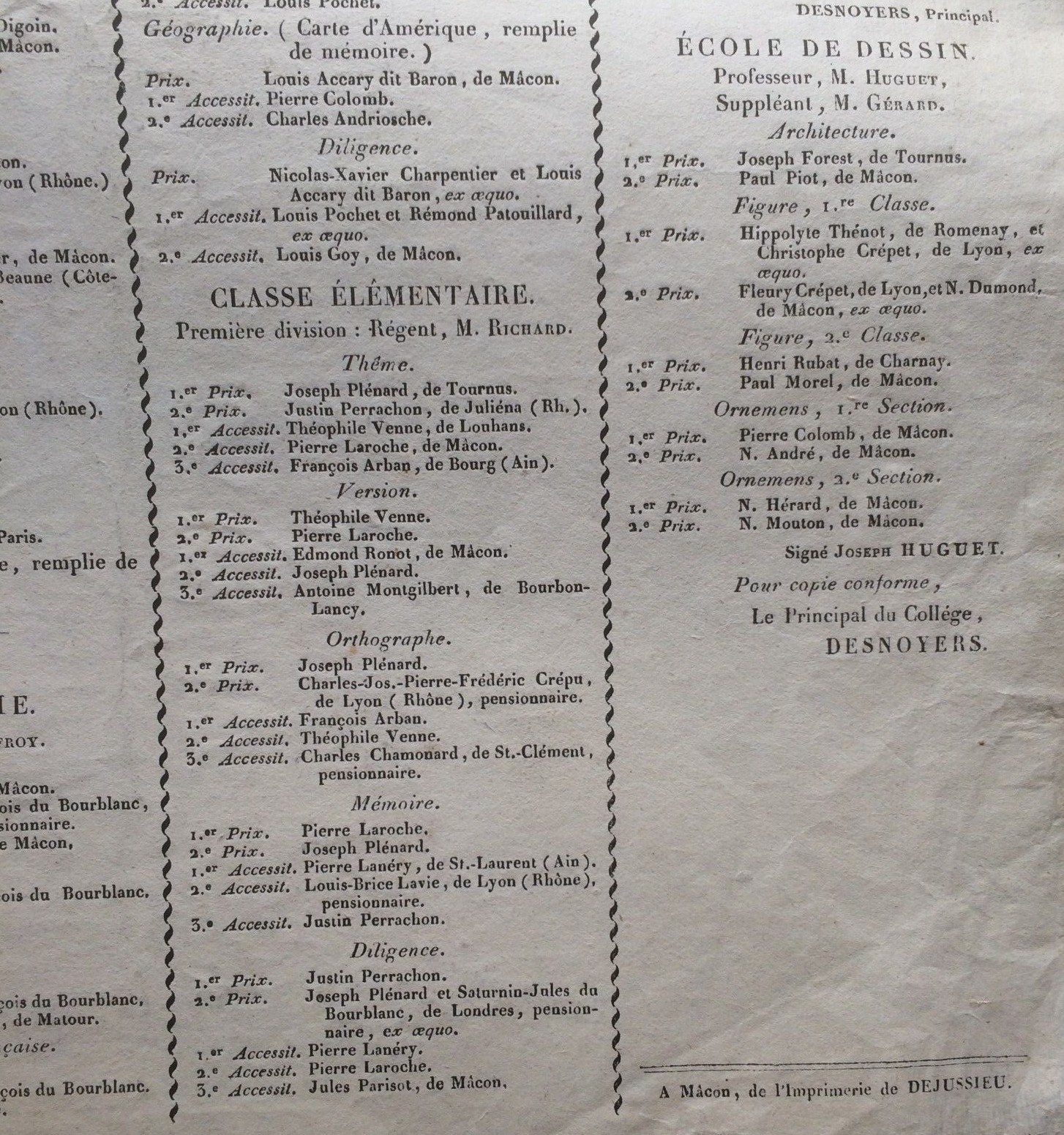 Didattica Scuola Allievi Premiati: Francia, Digione, 1824. Raro Antico Manifesto
