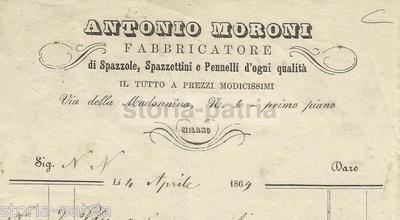 Milano, Moroni: Spazzole E Pennelli. Antica Carta Intestata Pubblicitaria, 1869