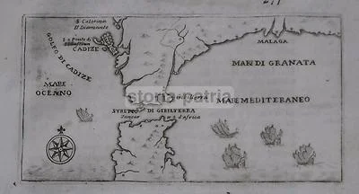 Mappa di Marineria Antica: Topografia del '700 di Cadice, Granata, Malaga, Gibilterra e Navi