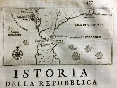 Mappa di Marineria Antica: Topografia del '700 di Cadice, Granata, Malaga, Gibilterra e Navi