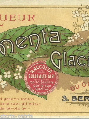 Alpi, Gran S. Bernardo, Liquori, Menta Glaciale, Tonico Digestivo, Etichetta d'Epoca