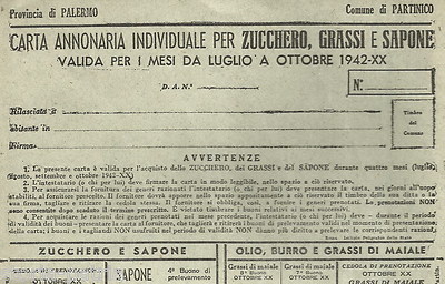 Sicilia, Palermo, Partinico: Carta Annonaria Per Zucchero, Grassi E Sapone, 1942