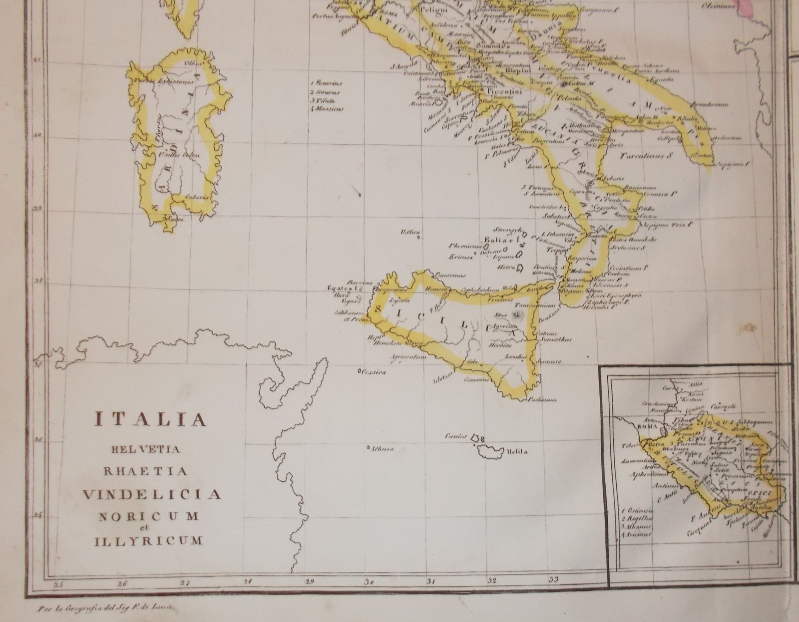Antica Cartografia: Italia, Sicilia, Sardegna, Corsica, Svizzera, Illiria, Malta, Gallia