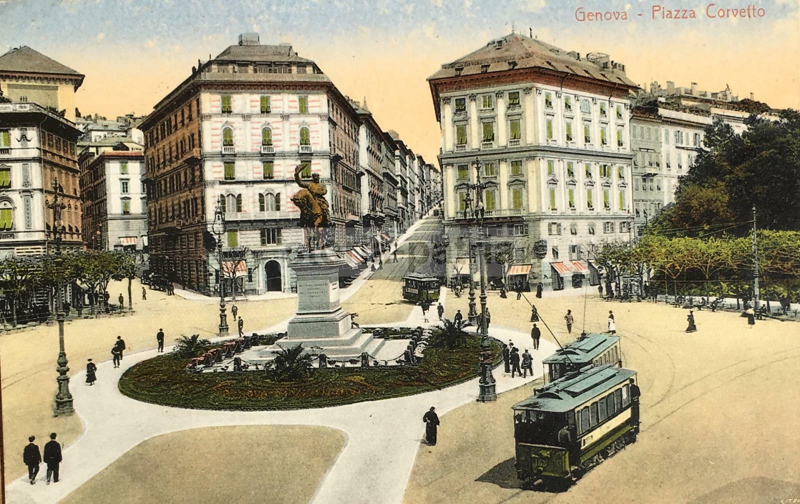 Liguria, Genova, Piazza Corvetto, Antica Veduta A Colori Con Tramvie E Monumenti