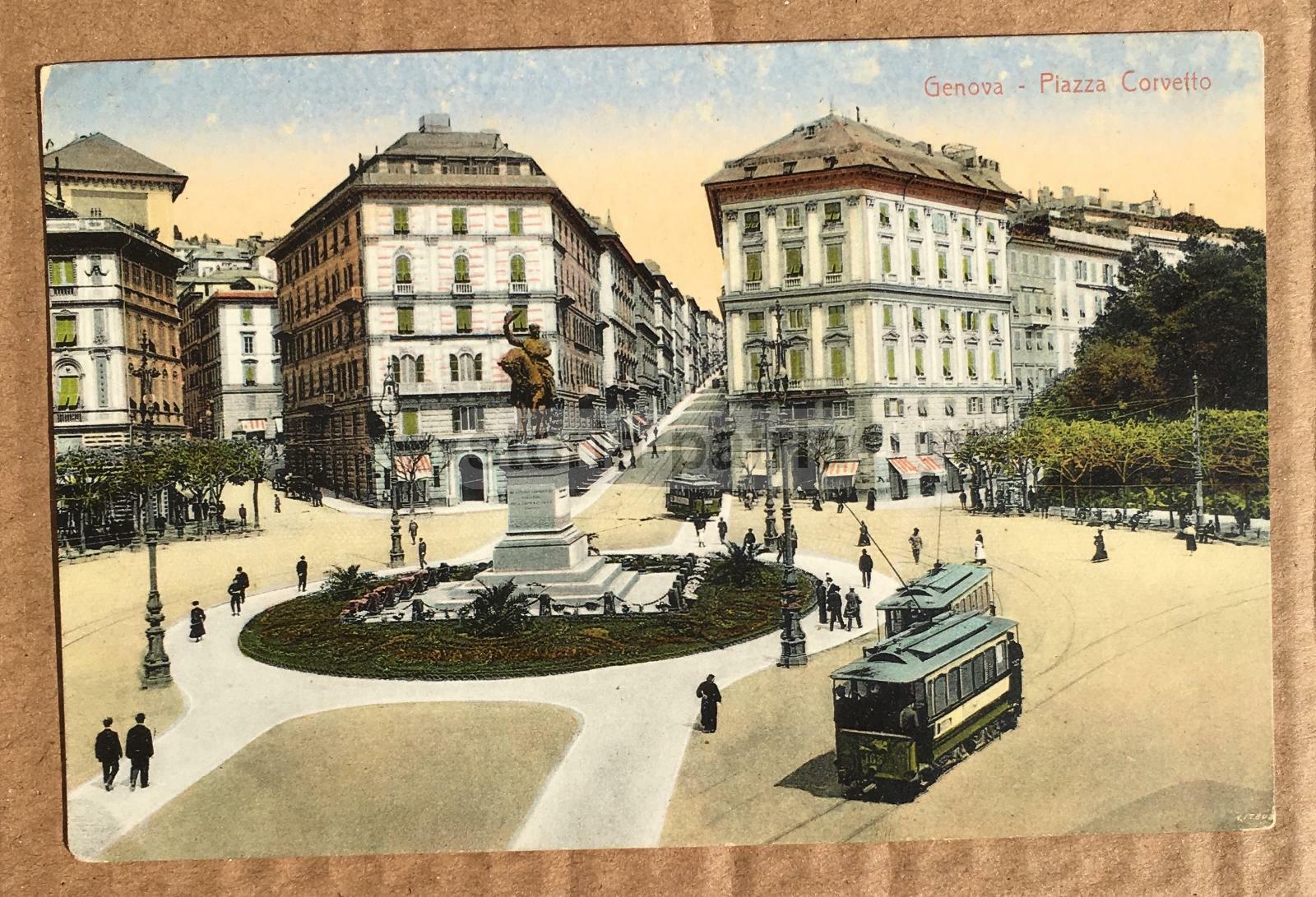 Liguria, Genova, Piazza Corvetto, Antica Veduta A Colori Con Tramvie E Monumenti