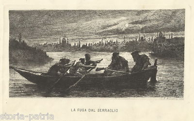 Carlo Felice Biscarra, La Fuga Dal Serraglio, Rara Incisione Dell'Ottocento