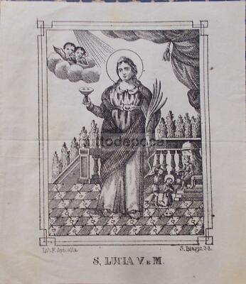 Antica Stampa Popolare Devozionale Di Santa Lucia, Protettrice Della Vista