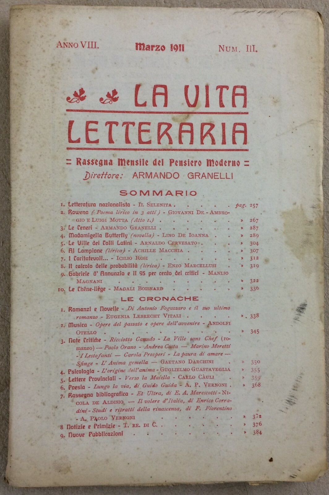 La Vita Letteraria, 1911: Rassegna Mensile   Abruzzo, Lanciano, d'Annunzio