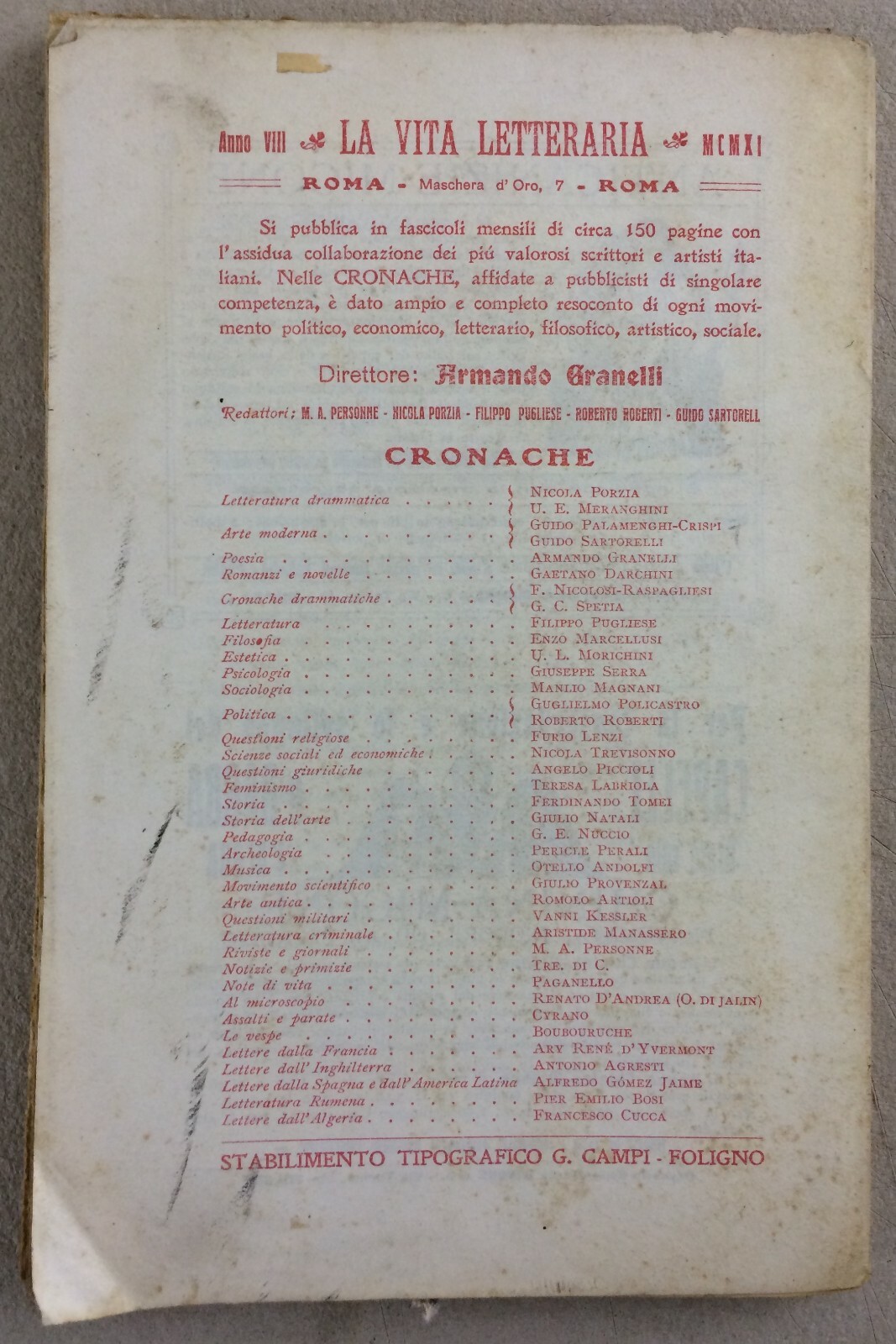 La Vita Letteraria, 1911: Rassegna Mensile   Abruzzo, Lanciano, d'Annunzio