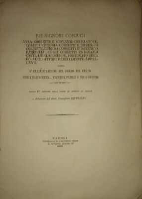 Giuridica Napoli: Vertenza Famiglia Corsetti Contro Fondo Pel Culto, 1876