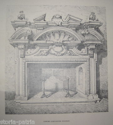 Architettura Del '600: Arti Decorative, Scultura, Antico Camino Con Alari. Stampa.