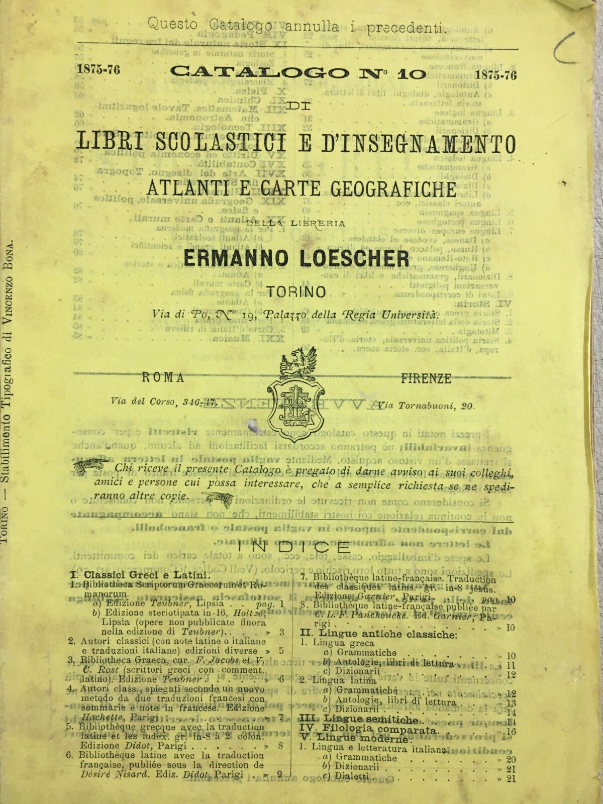 Bibliografia, Antico Catalogo Librario, Torino, Libreria Ermanno Loescher, 1875 76