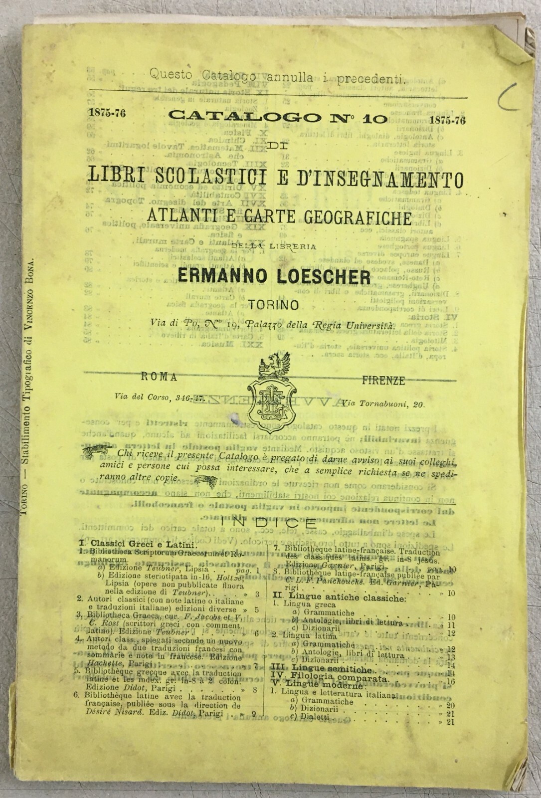 Bibliografia, Antico Catalogo Librario, Torino, Libreria Ermanno Loescher, 1875 76