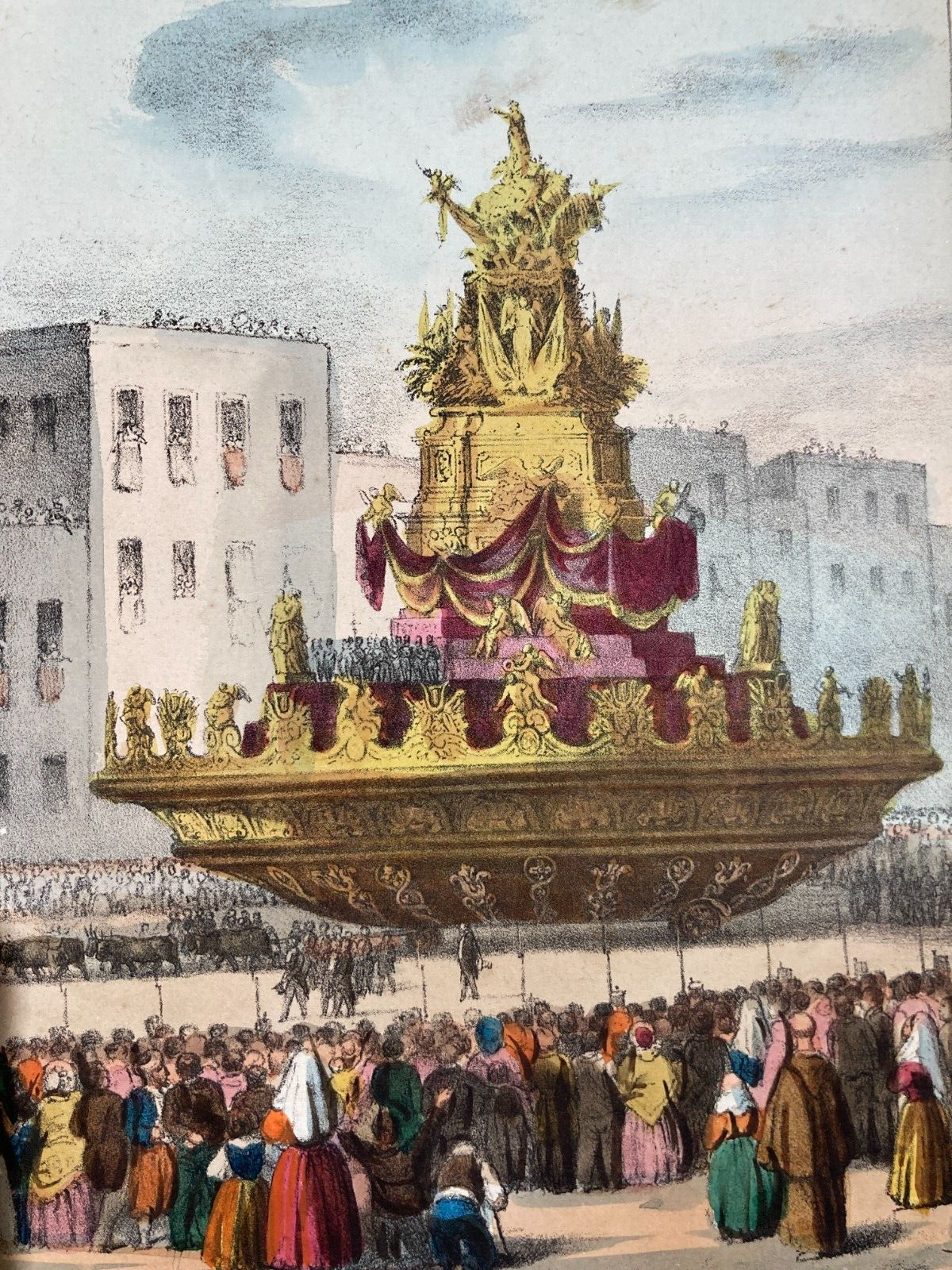 Sicilia, Palermo: Festa Di S. Rosalia. Animatissima Veduta, Policroma Litografia, XIX Secolo