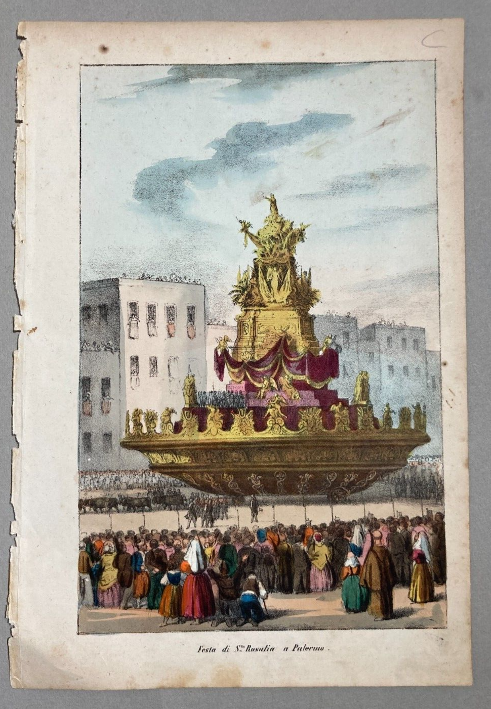 Sicilia, Palermo: Festa Di S. Rosalia. Animatissima Veduta, Policroma Litografia, XIX Secolo