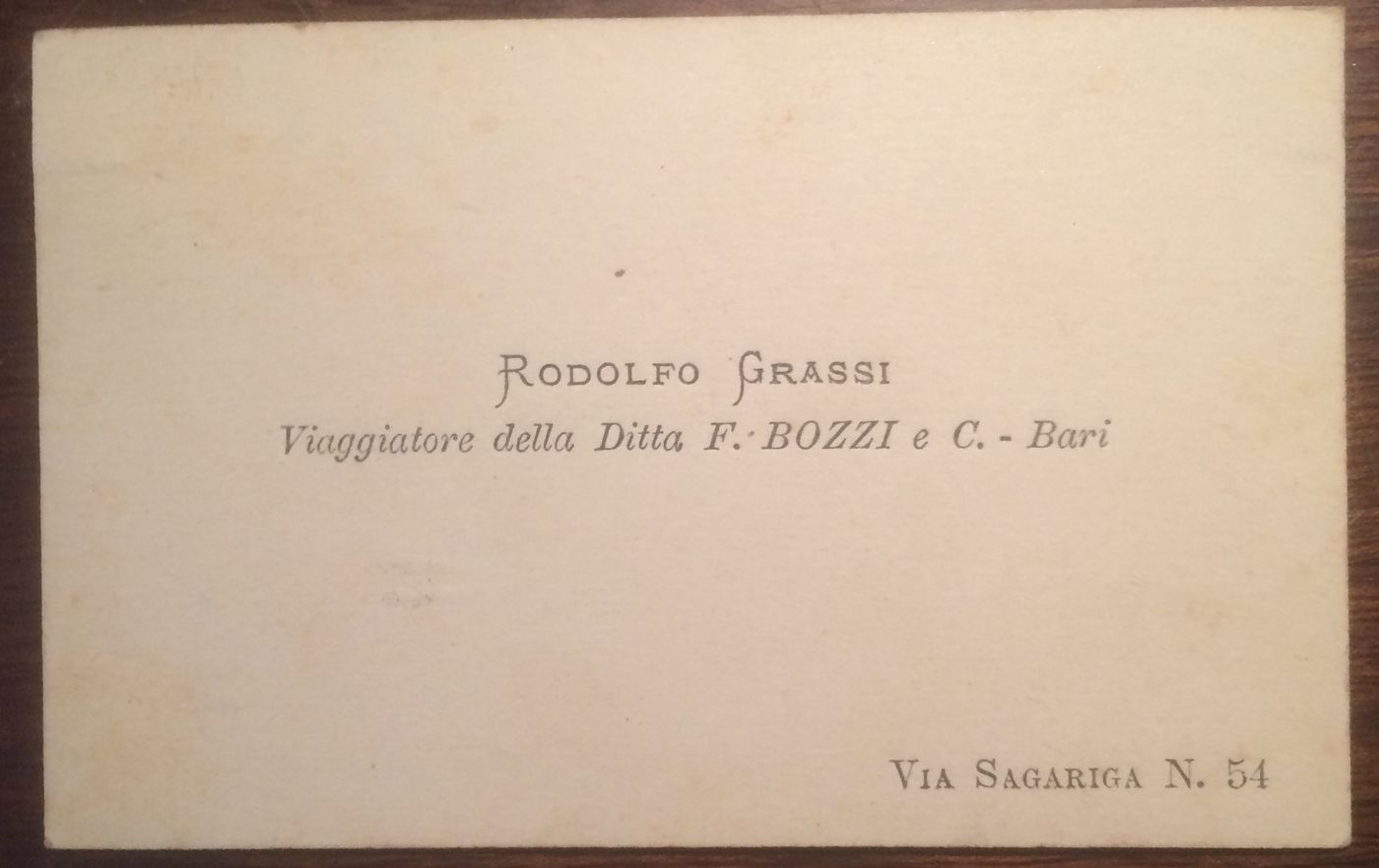 Antico Biglietto Da Visita: Rodolfo Grassi, Ditta Bozzi, Bari
