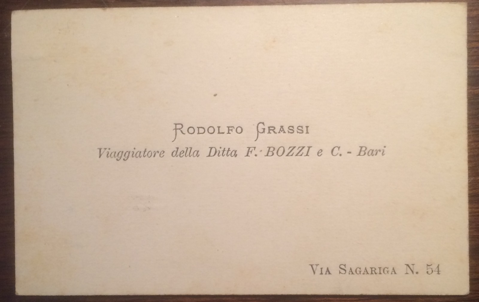 Antico Biglietto Da Visita: Rodolfo Grassi, Ditta Bozzi, Bari