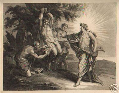 Musica, Scena Mitologica: Apollo E Marsia, Ovidio, Satiri E Ninfe. Antica Incisione.