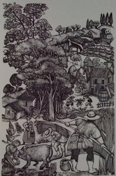 Veduta Folklorica Con Maiale. Stampa Popolare Di Mario Gambedotti. Xilografia.