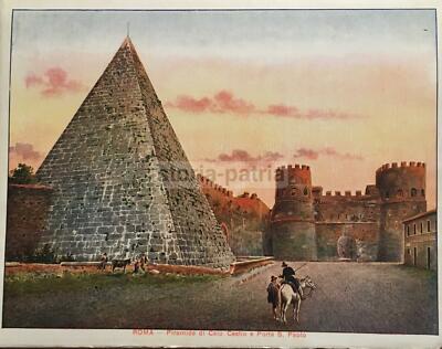 Arte Roma Antica: Veduta A Colori Della Piramide Di Caio Cestio E Porta San Paolo