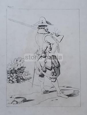 Militaria, Uniformologia: Antico Soldato Dell'Epoca Di Enrico IV. Stampa Antica, XIX Secolo