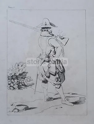 Militaria, Uniformologia: Antico Soldato dell'epoca di Enrico Iv. Stampa Antica, Xix Secolo