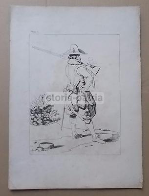 Militaria, Uniformologia: Antico Soldato Dell'Epoca Di Enrico IV. Stampa Antica, XIX Secolo