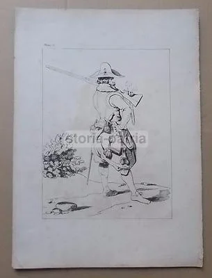Militaria, Uniformologia: Antico Soldato dell'epoca di Enrico Iv. Stampa Antica, Xix Secolo