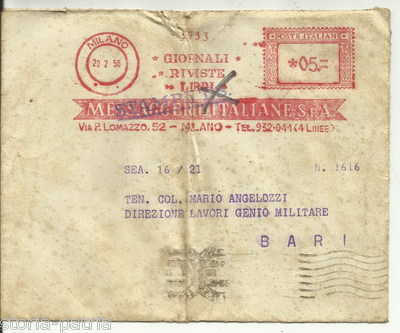 Puglia, Bari: Genio Militare, Messaggerie Italiane, Busta Viaggiata Per Posta, 1956