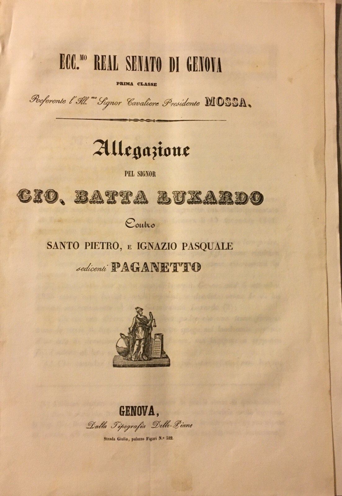 Giuridica: Allegazione Per La Successione Paganetto Luxardo, Genova, 1844