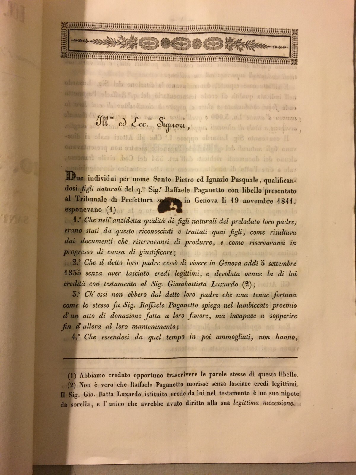 Giuridica: Allegazione Per La Successione Paganetto Luxardo, Genova, 1844