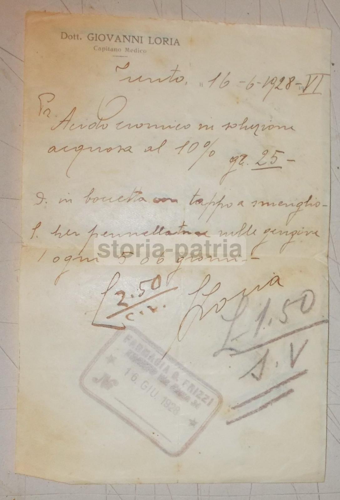 Prescrizione Medico Farmaceutica, Dott. Giovanni Loria, Trento, 1928