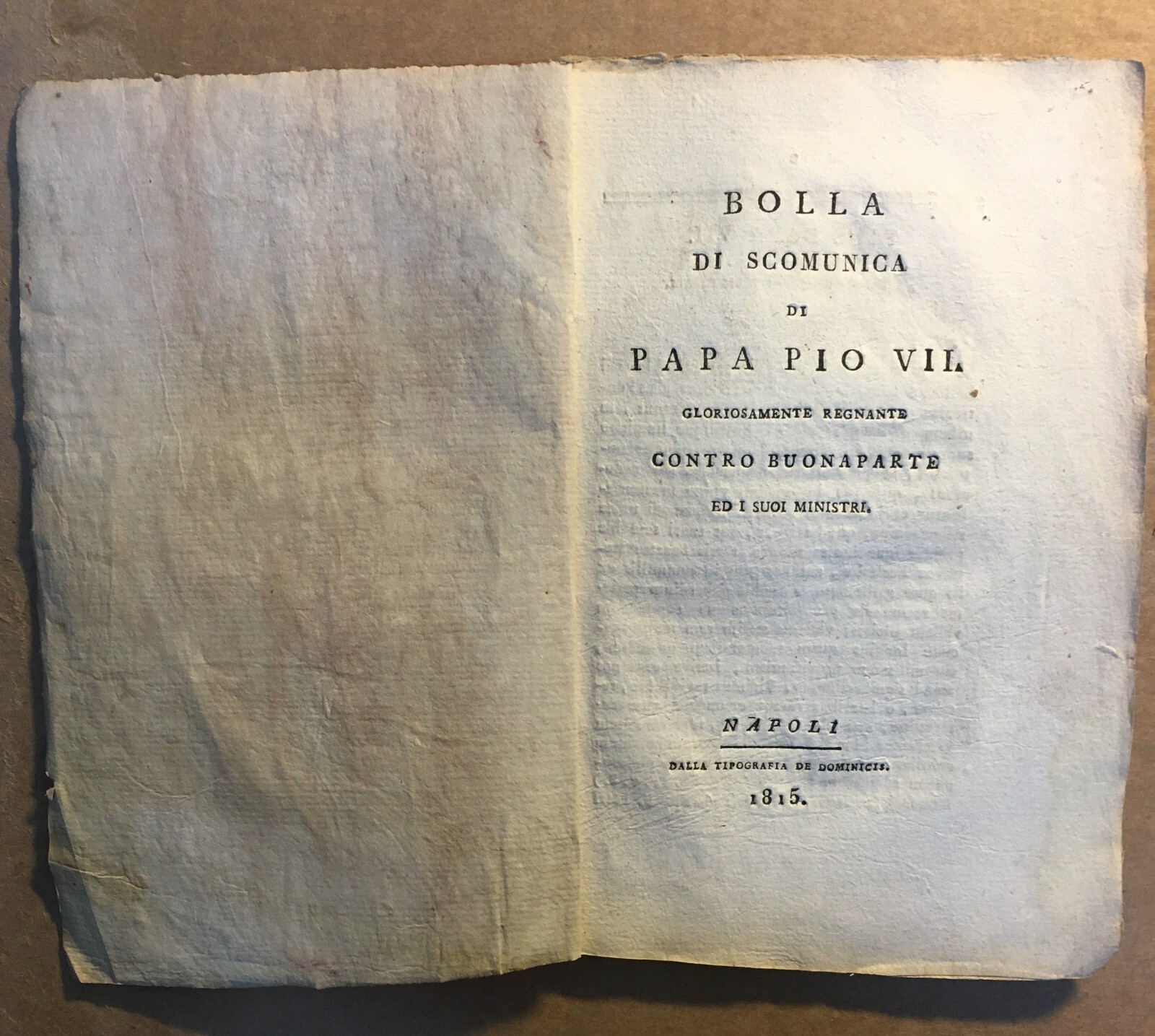 Napoleone E Pio VII: Antica Edizione Napoletana   Bolla Di Scomunica, 1815