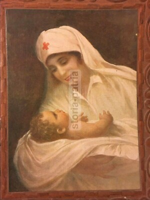 Crocerossina Con Neonato, Antica Stampa Cromolitografica Dei Primi Del Novecento